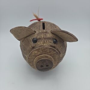 Handmade Coconut Shell Piggy Bank - Brown